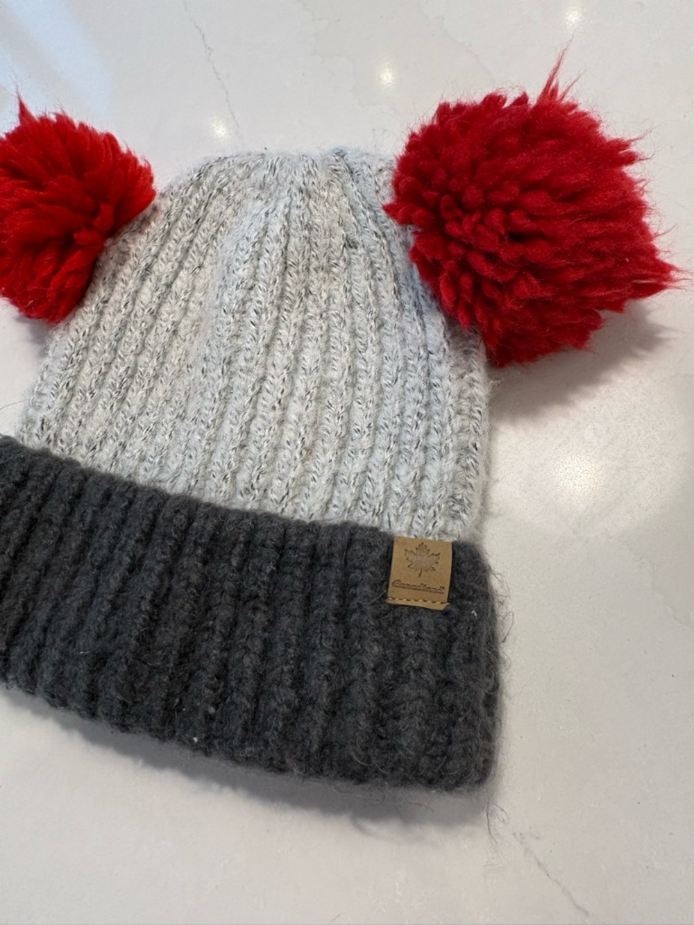 Kids Double Pom Knit Beanie - Gray, Dark Gray & Red